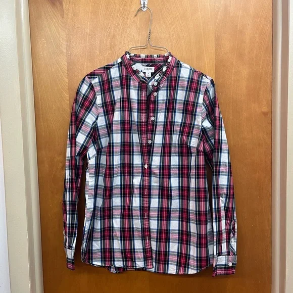 J. Crew Multicolor tartan Plaid button down Shirt with Ruffled collar - Picture 2 of 5